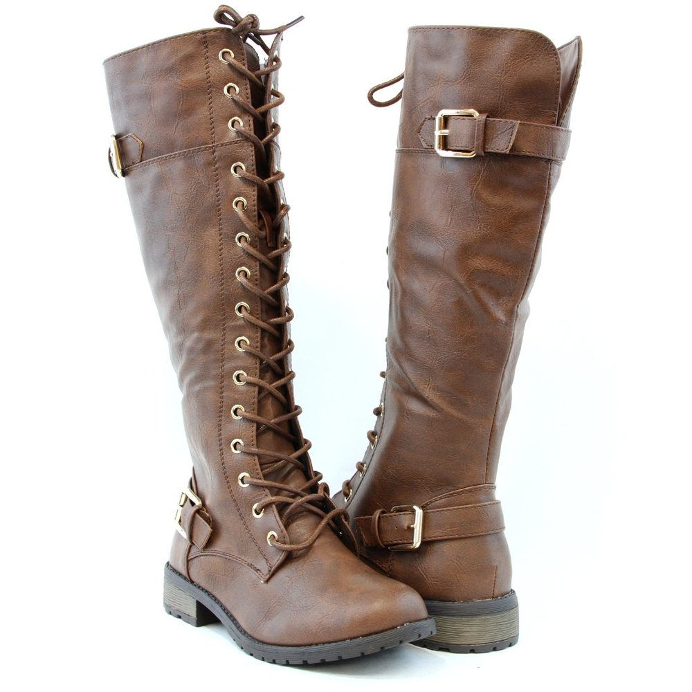 Women Fashion Knee High Combat Boots Lace-Up And Buckle Detail Brown